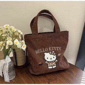 Hello Kitty Brown Corduroy Tote Bag Cute Embroidered Sanrio Handbag